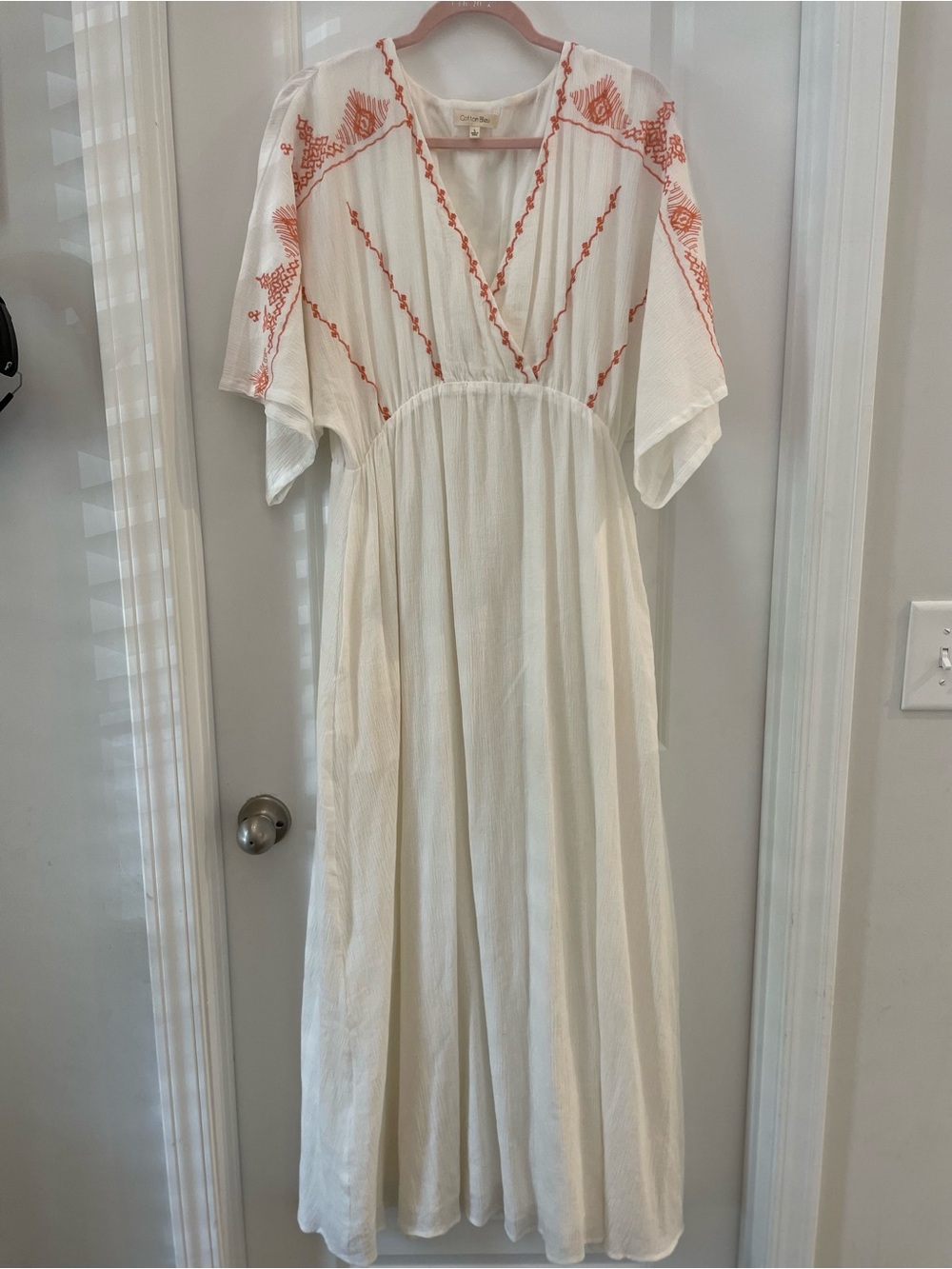 White Maxi Dress with Coral Embroidery — Boho V-Neck Maxi